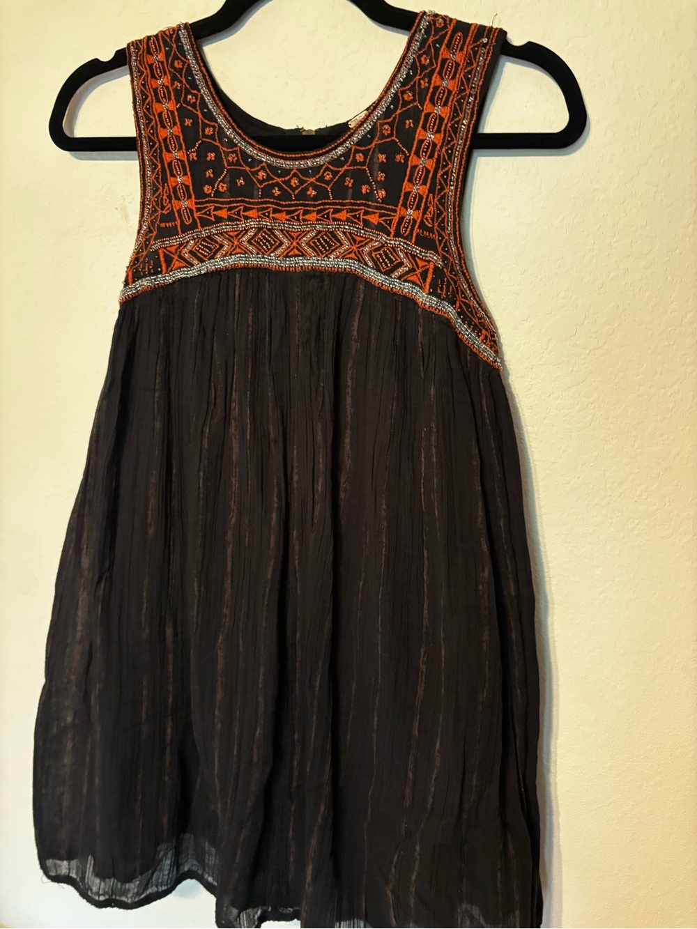 Free People Embroidered Beaded Boho Mini Dress Top Black Tribal Festival XS S